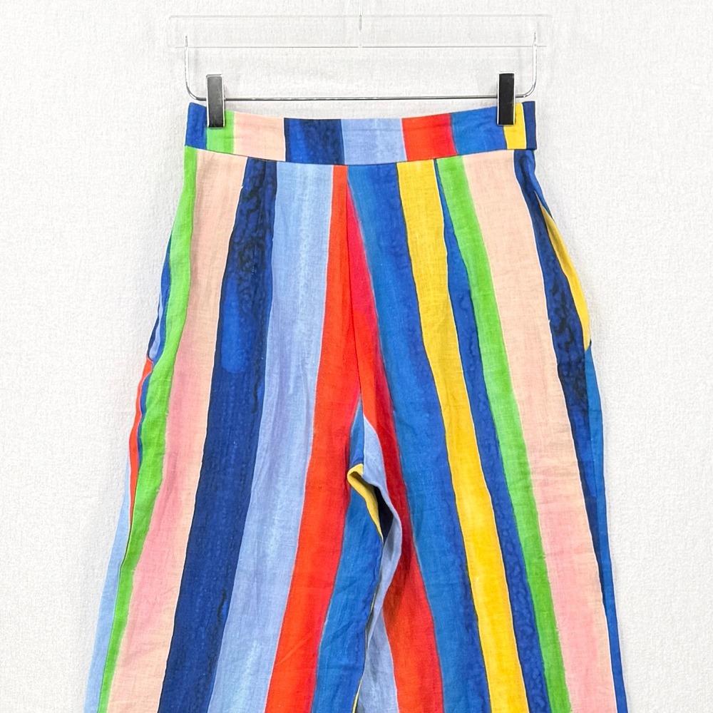 MARA HOFFMAN Rainbow Stripe Wide Leg Pants Women 4 Linen Tie Waist High Rise - Picture 7 of 15